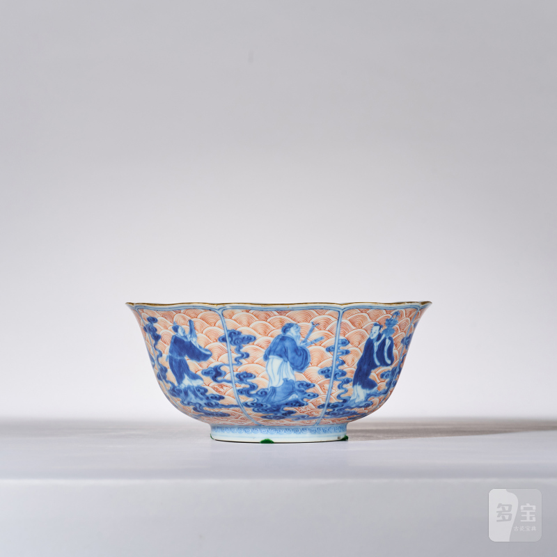 清中期 青花矾红八仙过海图花口碗 - 图6